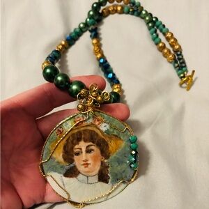 Vintage Inspired Hand Painted Gold and Green Beaded Necklace